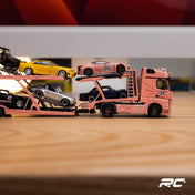 1/64 Shadow Pro Mercedes-Benz Actros Double Level Trailer with Lexus LFA #23 Pink Pig Diecast Car Model