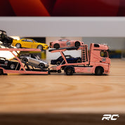 1/64 Shadow Pro Mercedes-Benz Actros Double Level Trailer with Lexus LFA #23 Pink Pig Diecast Car Model