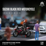 SUZUKI BLACK AND RED MOTORCYCLE DOLL SET RESIN MODEL