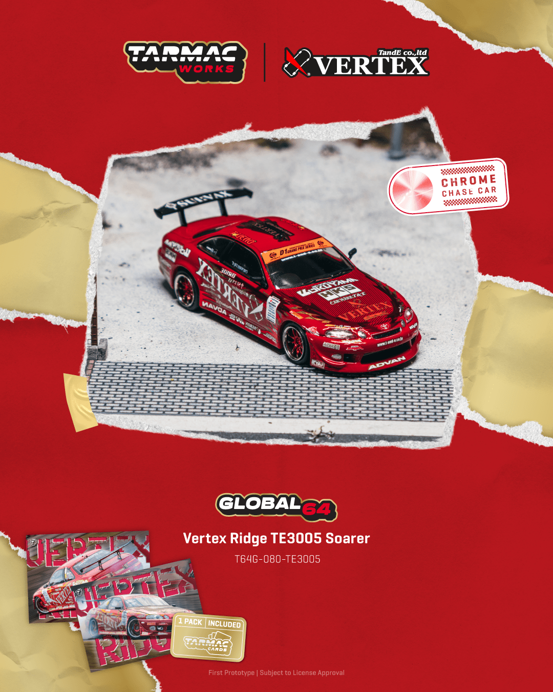 Tarmac Works - Vertex Ridge TE3005 Soarer Model Car + Trading Cards Combo Set