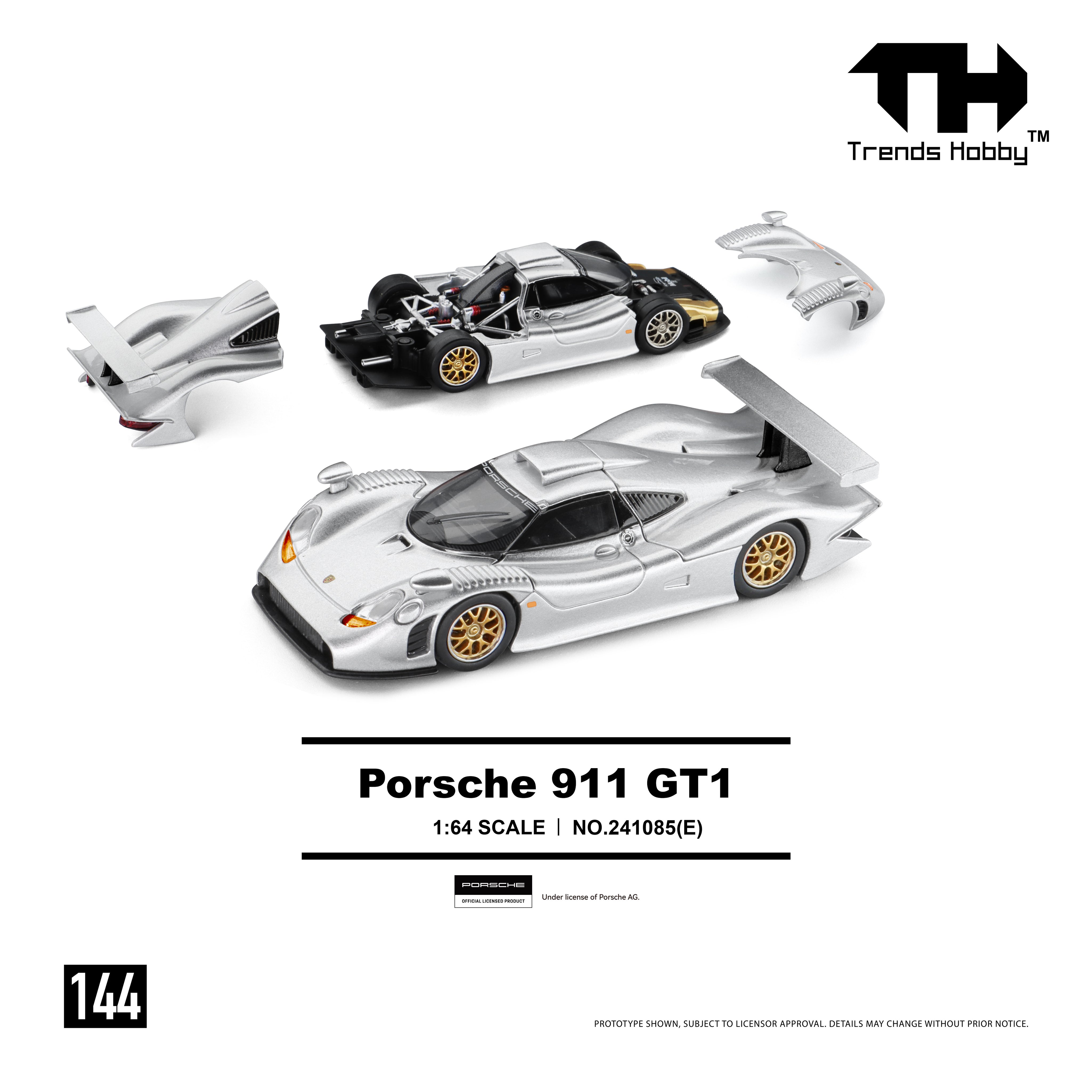 Trends Hobby TH 1:64 Porsche 911 GT1 1998 Silver (144), 241085 (E)
